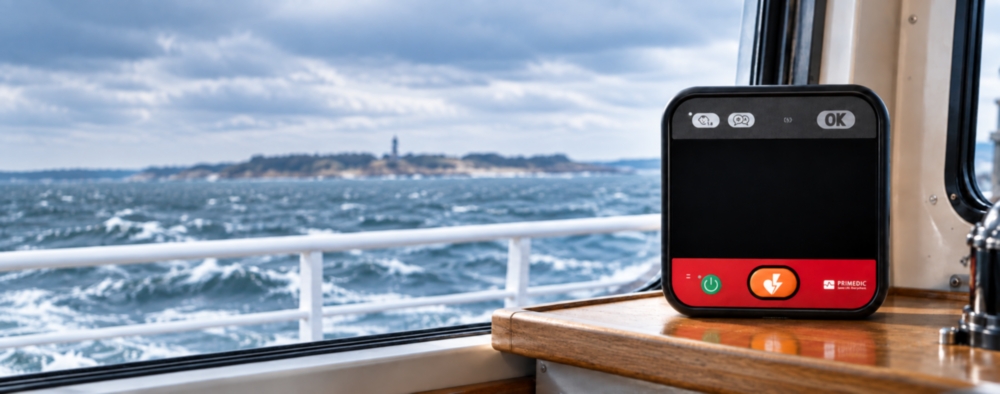 PRIMEDIC HeartSave myPAD hjertestarter ombord på et fartøj med bølger i baggrunden PRIMEDIC HeartSave myPAD hjertestarter ombord på et fartøj med bølger i baggrunden